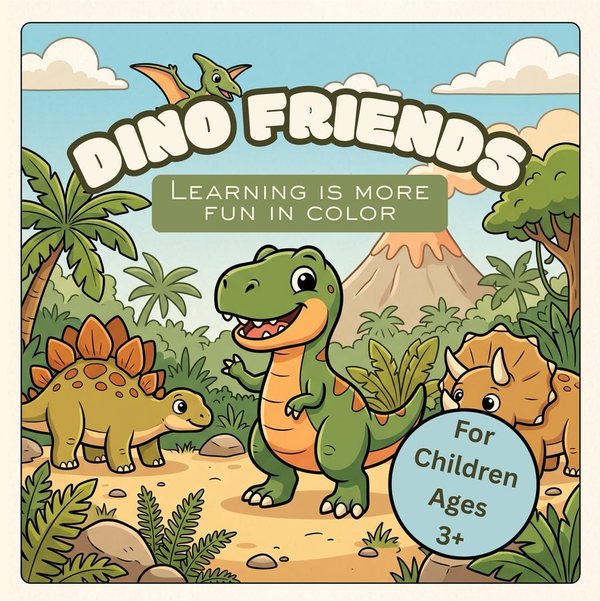 Front cover of Dino Friends: a smiling T. rex, a stegosaurus and a triceratops in a jungle clearing below a volcano.