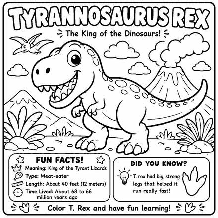 A Tyrannosaurus Rex coloring page with a fun-facts panel underneath.