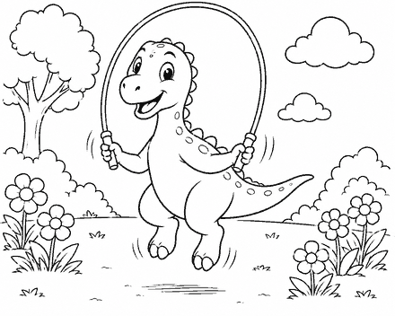 A long-necked dinosaur skipping with a jump rope.