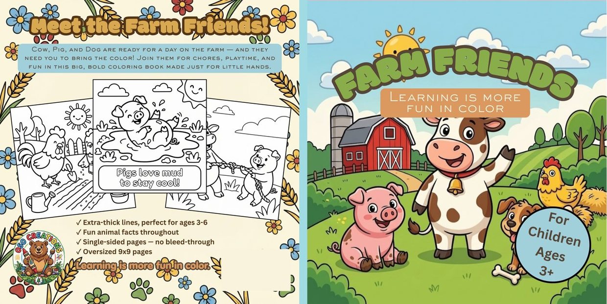 The full Farm Friends cover wrap — back cover on the left showing three sample pages, front cover on the right.