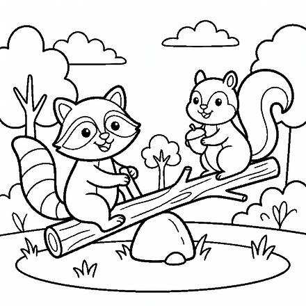 A raccoon and a squirrel playing on a seesaw.