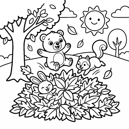 A bear cub, rabbit and squirrel playing in a pile of leaves.