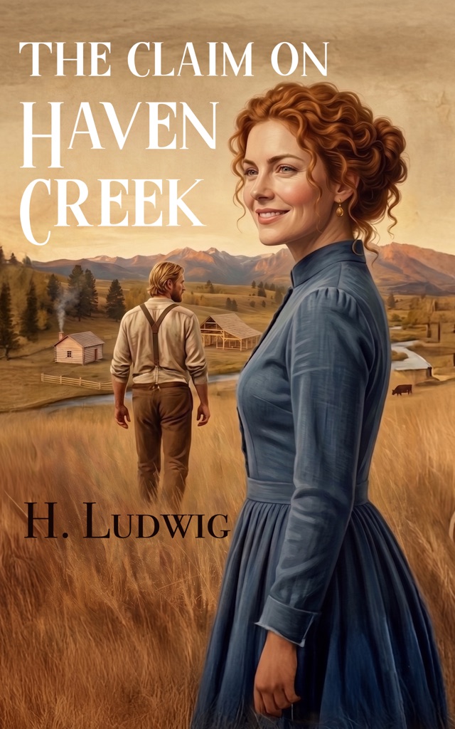 Cover of The Claim on Haven Creek by H. Ludwig — Kate Morgan in a blue dress in autumn grassland, Cal walking toward their cabin, mountains beyond