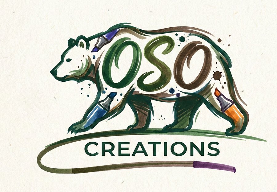 The Oso Creations mark: a walking bear painted in green and brown brushstrokes, with pens and markers worked into its body and the word OSO lettered across it.