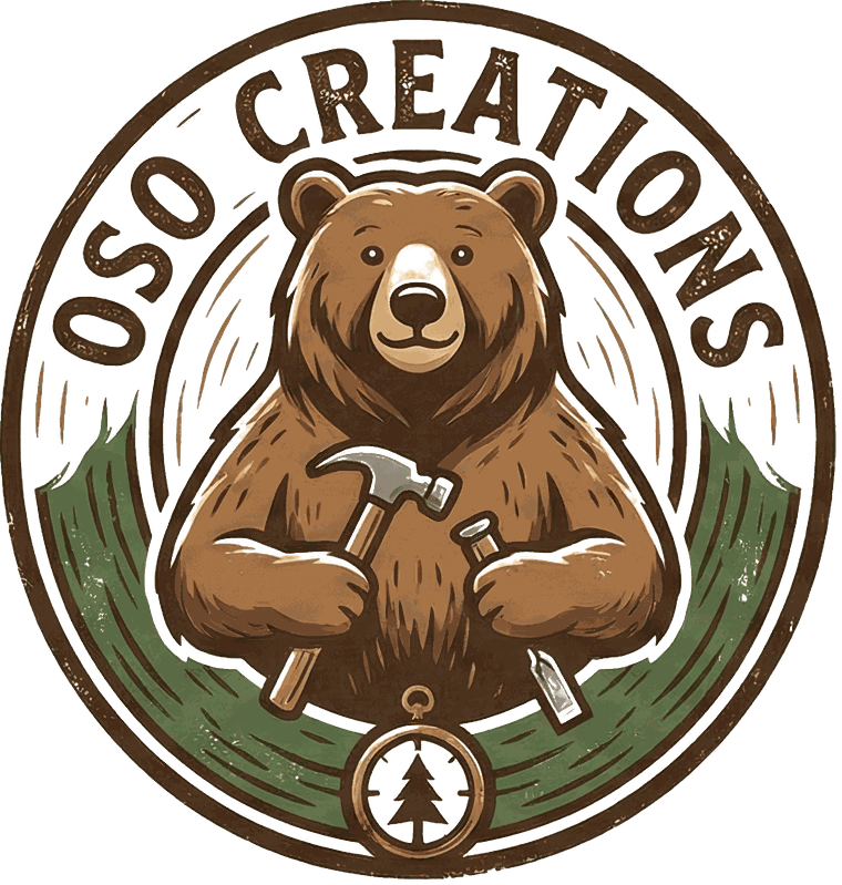 The Oso Creations woodworking badge: a bear holding a hammer and a chisel inside a circular OSO CREATIONS seal, with a pine tree medallion below.